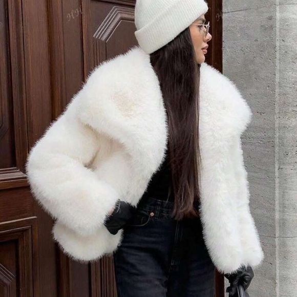 Glam faux fur coat vintage style jacket cropped oversized black - Picture 9 of 13